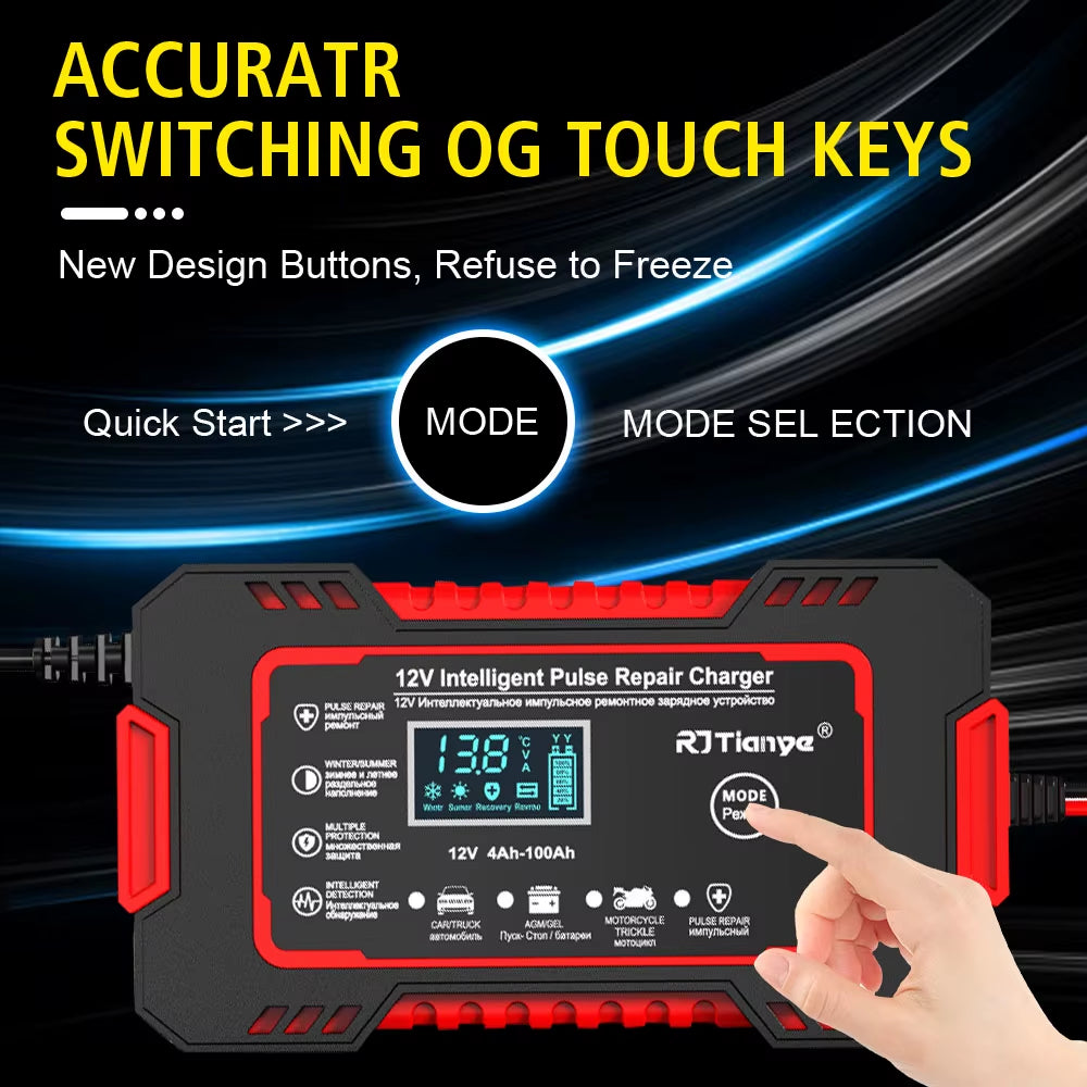 LCD Display 12V 6A Universal Car Battery Charger Quick Charge Power Pulse Repair for Auto Moto Wet Dry Lead Acid AGM Gel