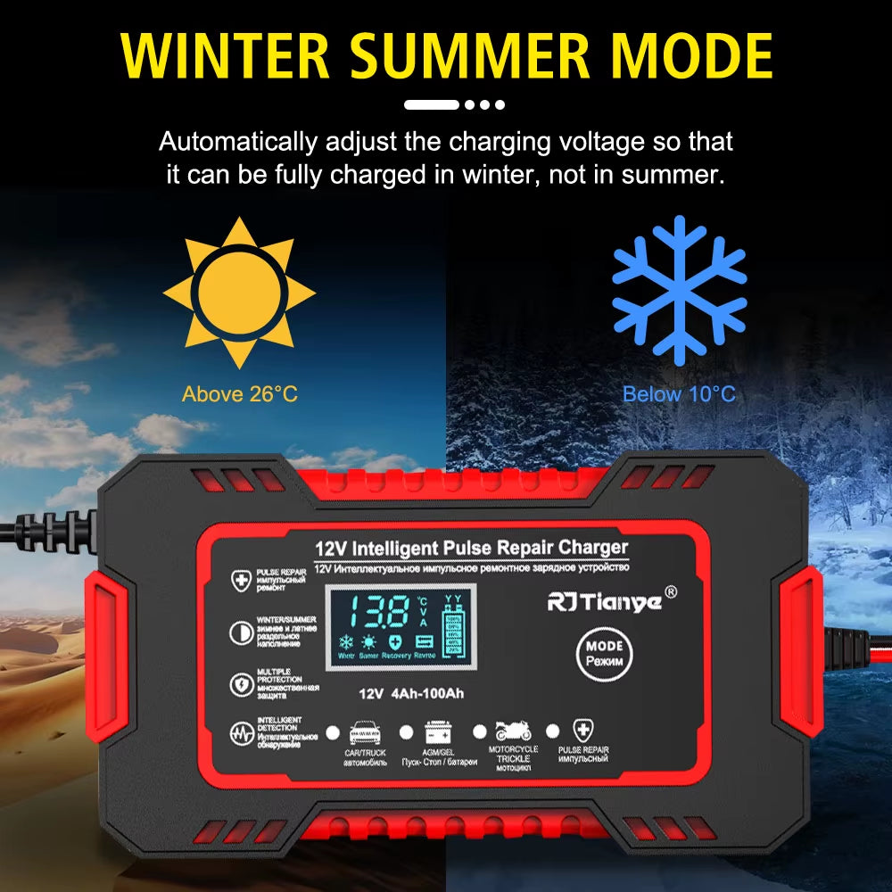 LCD Display 12V 6A Universal Car Battery Charger Quick Charge Power Pulse Repair for Auto Moto Wet Dry Lead Acid AGM Gel