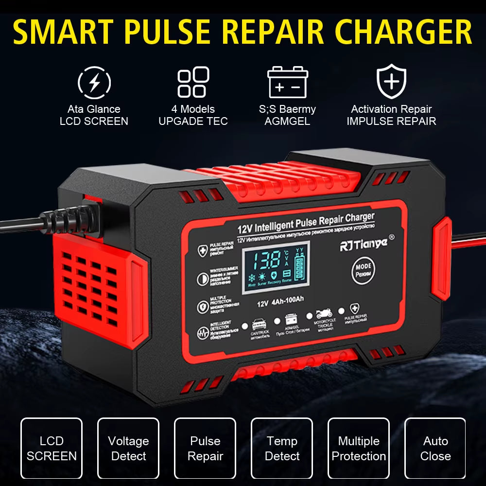 LCD Display 12V 6A Universal Car Battery Charger Quick Charge Power Pulse Repair for Auto Moto Wet Dry Lead Acid AGM Gel