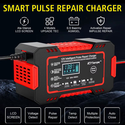 LCD Display 12V 6A Universal Car Battery Charger Quick Charge Power Pulse Repair for Auto Moto Wet Dry Lead Acid AGM Gel