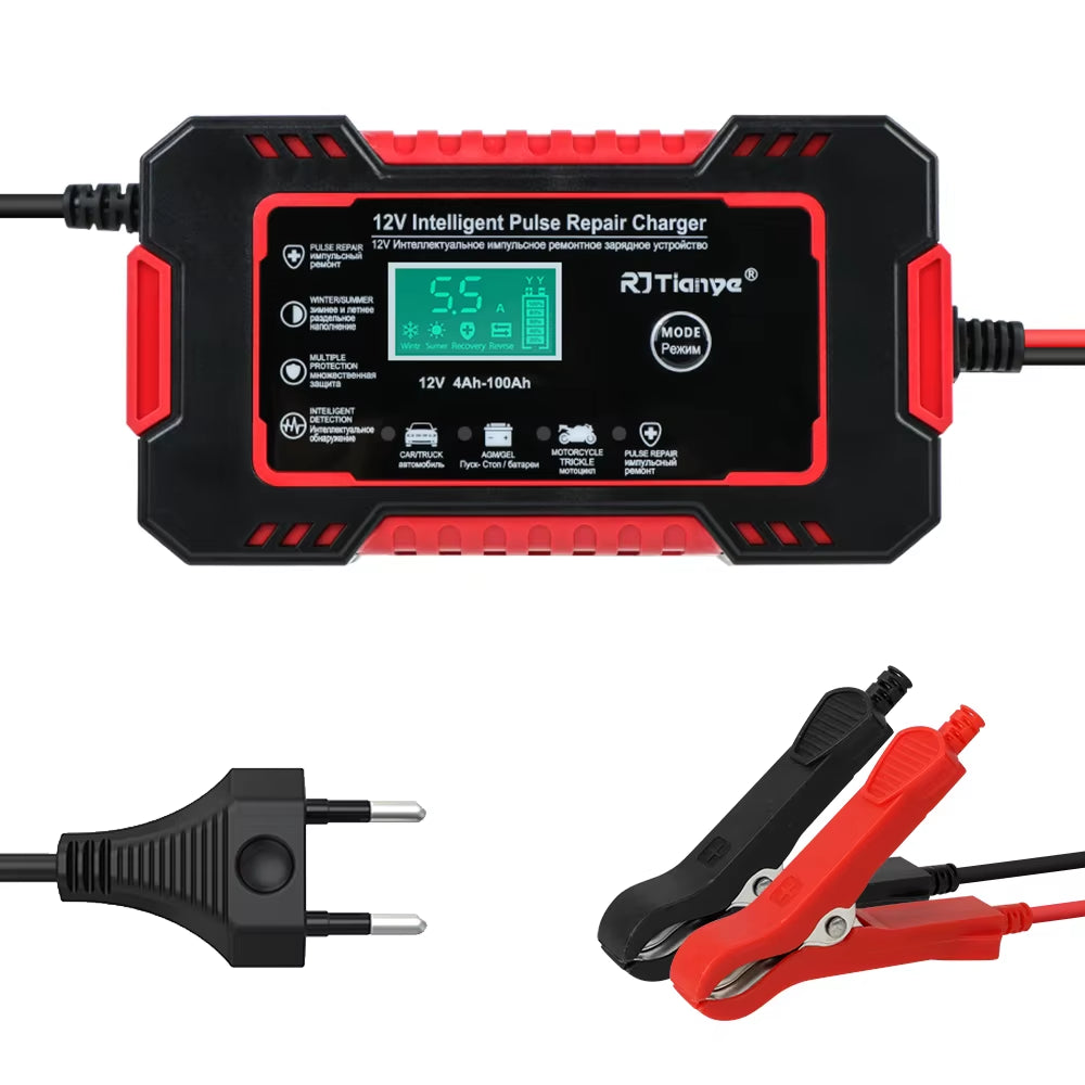 LCD Display 12V 6A Universal Car Battery Charger Quick Charge Power Pulse Repair for Auto Moto Wet Dry Lead Acid AGM Gel