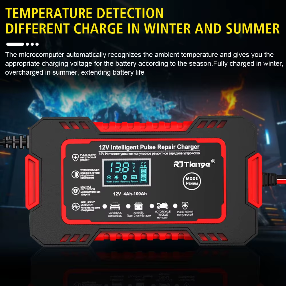 LCD Display 12V 6A Universal Car Battery Charger Quick Charge Power Pulse Repair for Auto Moto Wet Dry Lead Acid AGM Gel