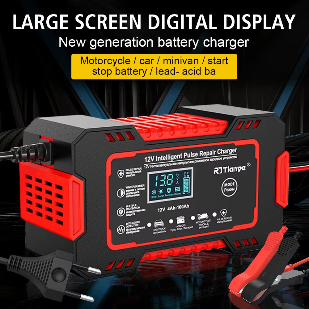 LCD Display 12V 6A Universal Car Battery Charger Quick Charge Power Pulse Repair for Auto Moto Wet Dry Lead Acid AGM Gel