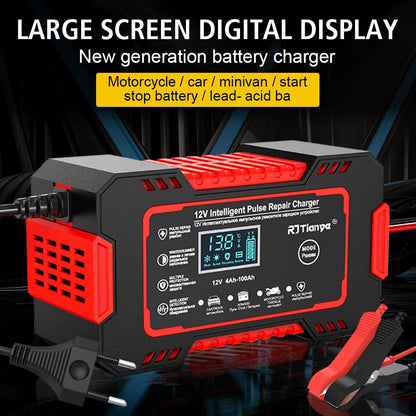 LCD Display 12V 6A Universal Car Battery Charger Quick Charge Power Pulse Repair for Auto Moto Wet Dry Lead Acid AGM Gel